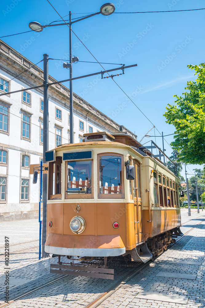 Historical tram in Porto, Portugal in a summer day