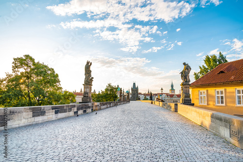 Charles bridge with its statuette, Lesser Town Bridge Tower and