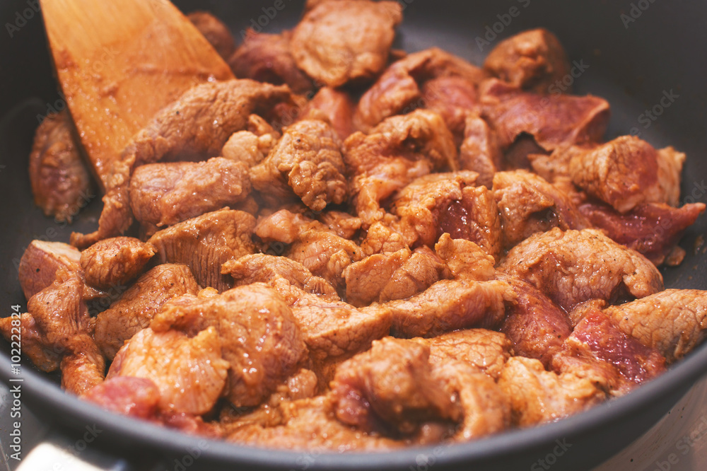 Pork fried in a pan

