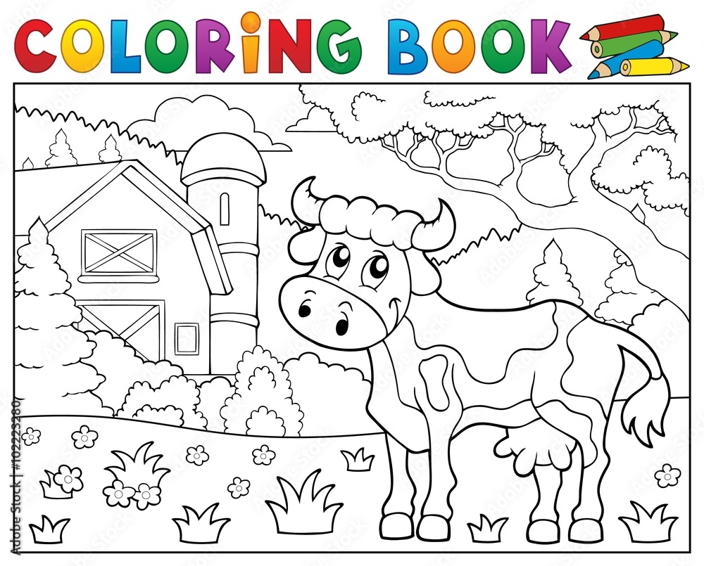 Fototapeta premium Coloring book cow near farm theme 1