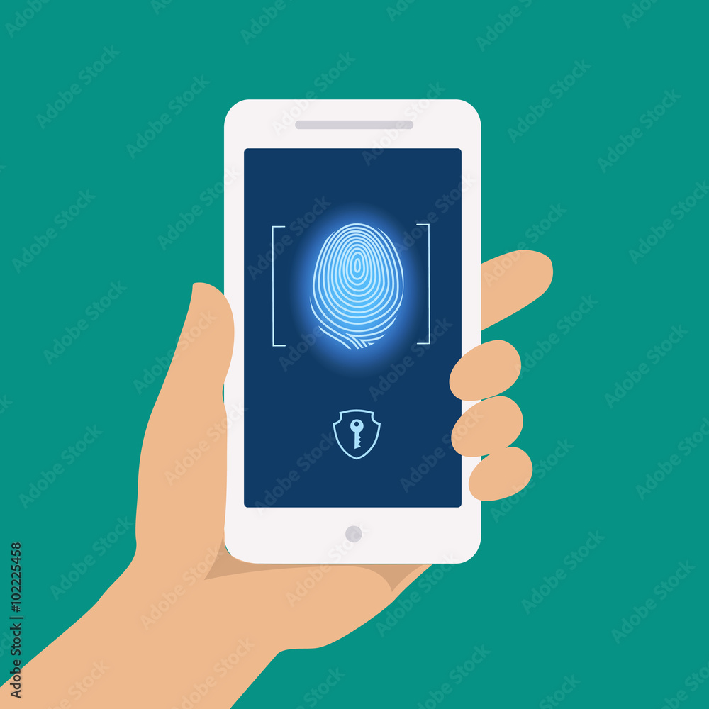Finger print smart phone access lock, screen fingerprint hands scan security flat vector illustration Finger print smart phone access lock, screen fingerprint hands scan security flat vector illustration