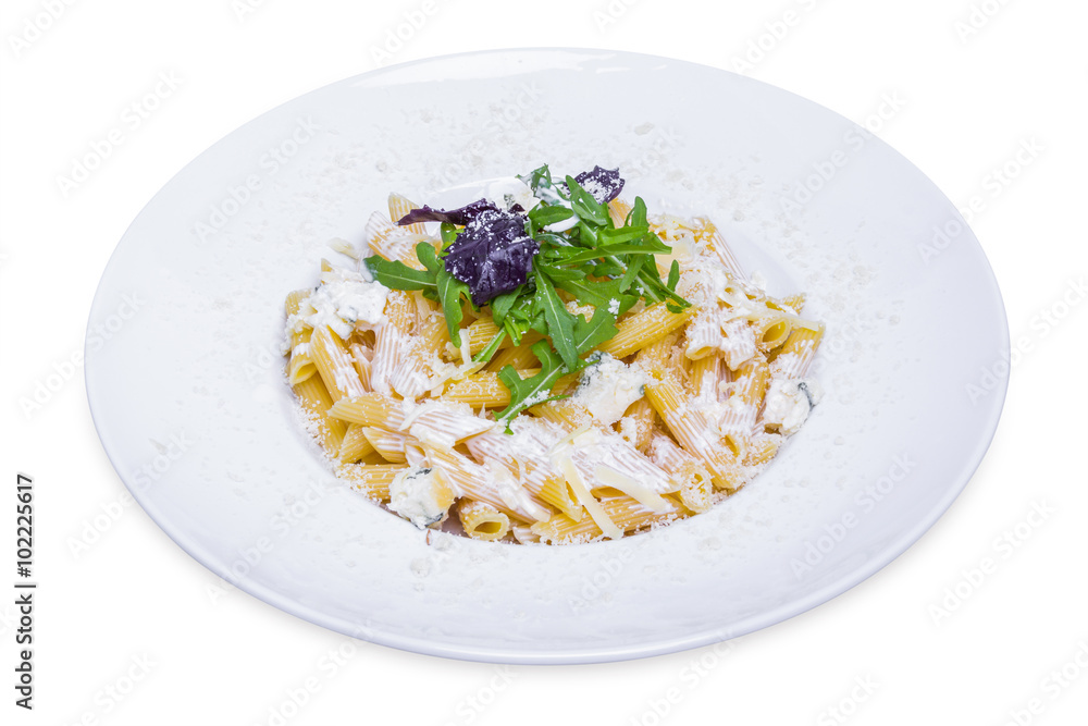 Penne pasta with four kinds of cheese, isolated Penne pasta with four kinds of cheese, isolated