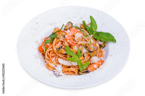 Pasta with seafood and parmesan cheese, isolated