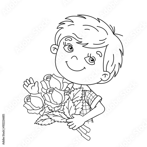 Coloring Page Outline Of boy holding a bouquet of roses