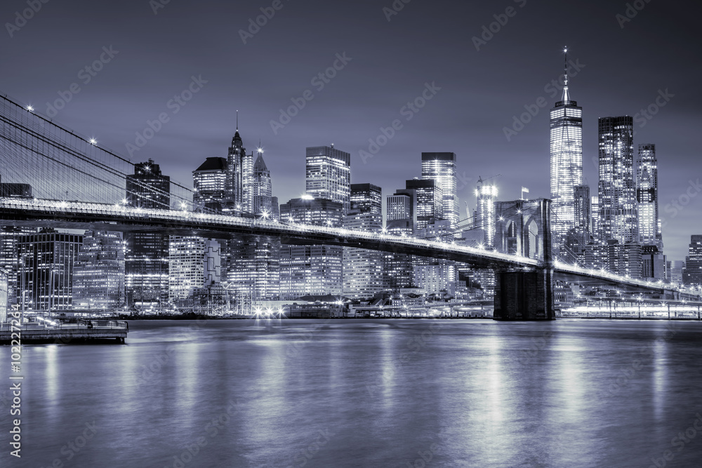 View of Manhattan and Brooklin Bridge by night, New York City