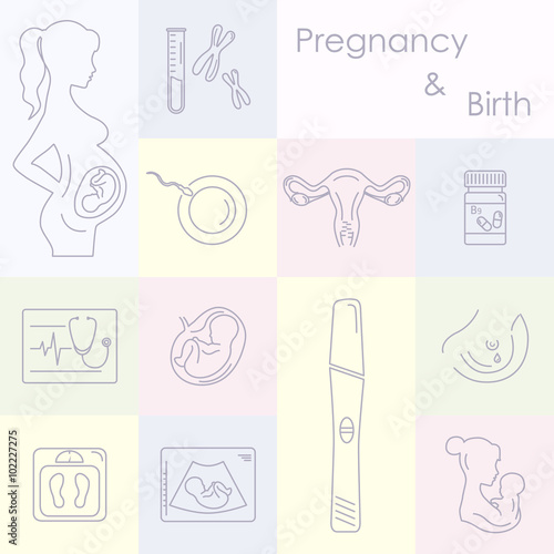 Medicine and pregnancy vector line icons set