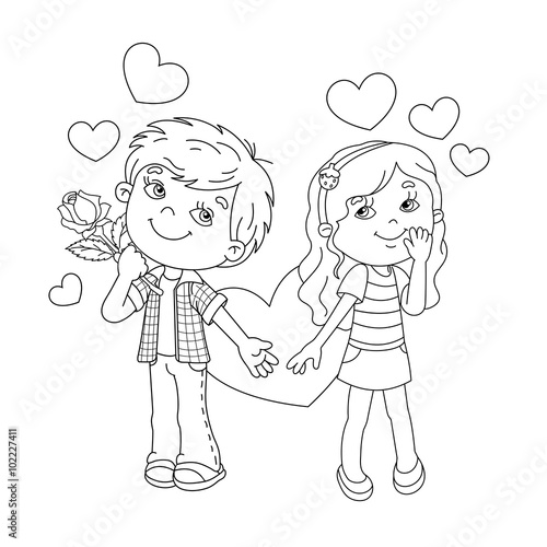 Coloring Page Outline Of Boy and girl with hearts