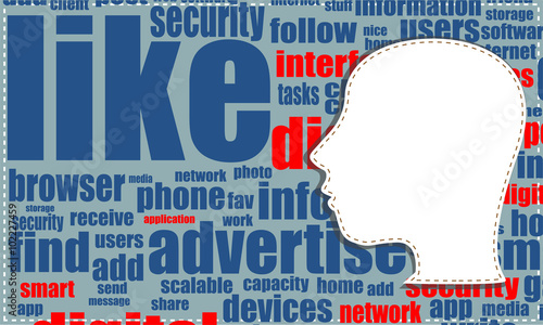 vector Word cloud, tag cloud text business concept. Head silhouette with the words on the topic of social networking. Word collage.