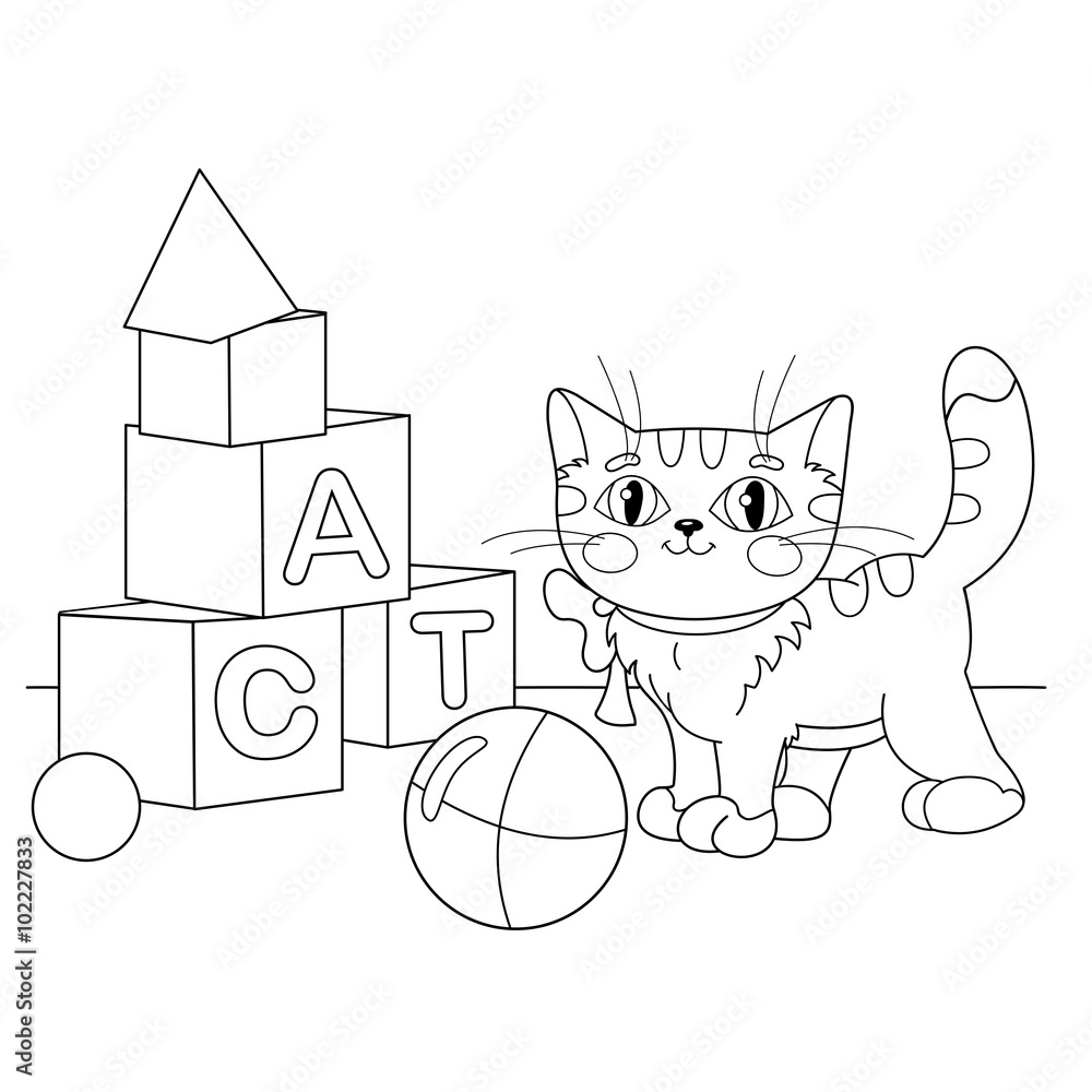 Coloring Page Outline Of cartoon cat playing with toys Stock Vector | Adobe  Stock