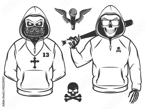Set of rap skull and hip hop skeleton black and white style
