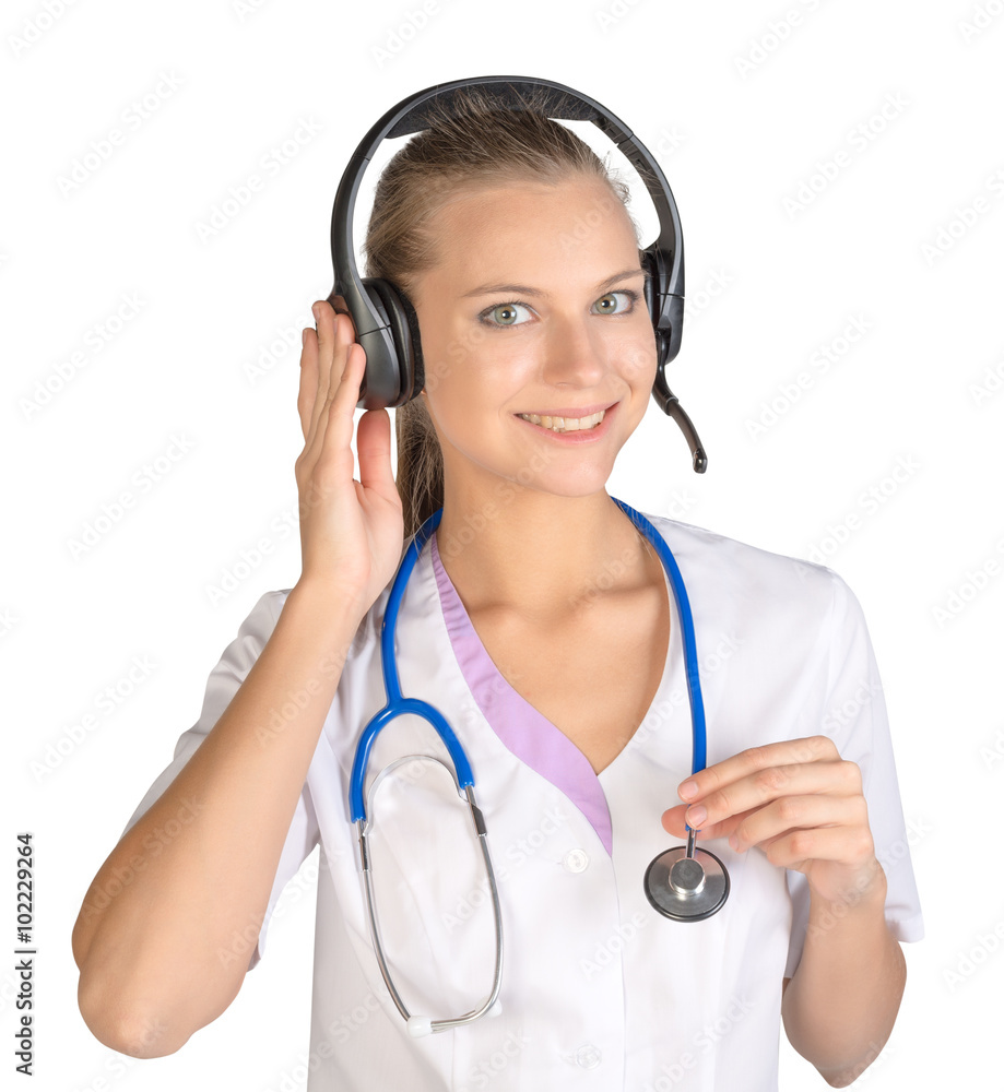 Medical call center concept - woman with headphone isolated on white Medical call center concept - woman with headphone isolated on white