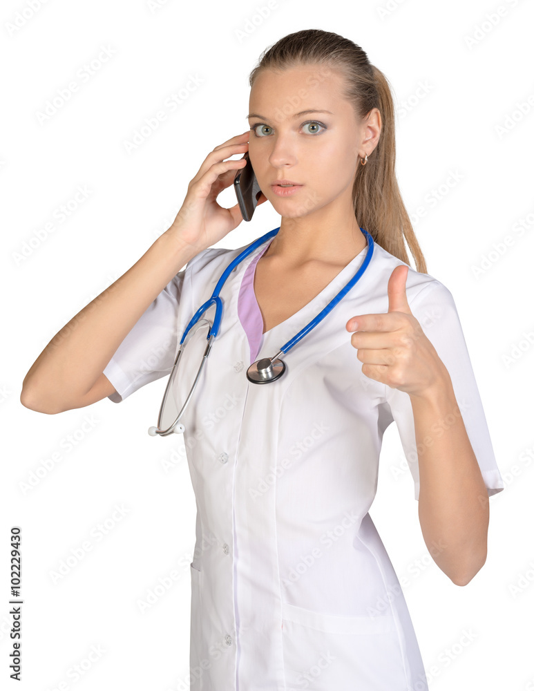 Medical call center concept - woman with phone isolated on white Medical call center concept - woman with phone isolated on white