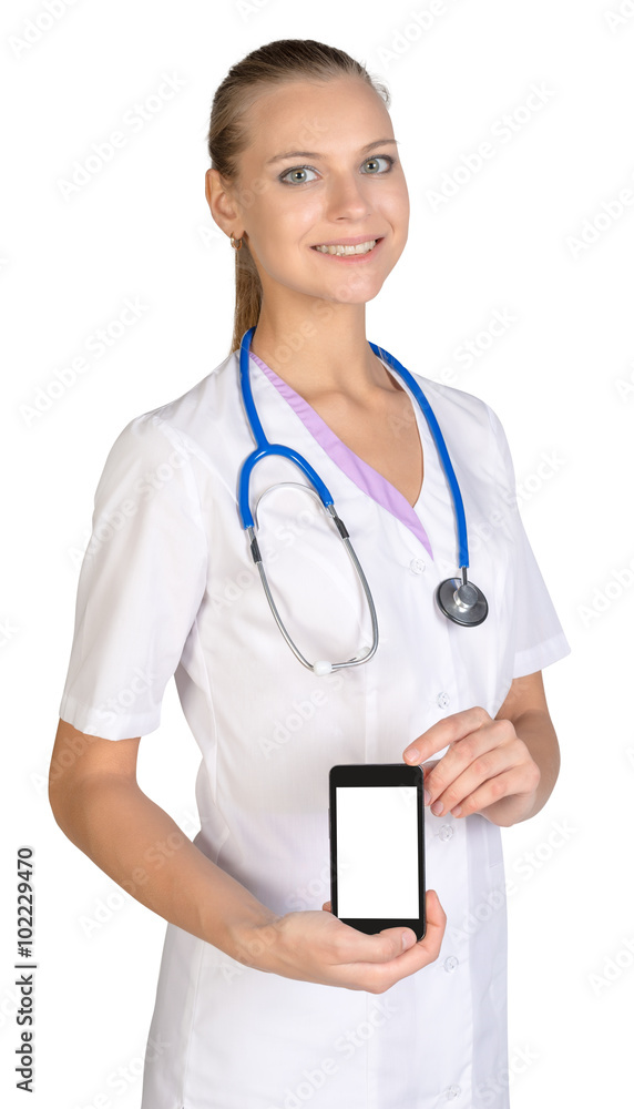 Woman intern shows the phone with white screen Woman intern shows the phone with white screen
