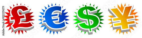 Pound sterling, Euro, Dollar and Yen, 