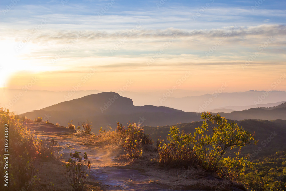 Sun rise moutain landscape view at Inthanon national park Chaingmai, Thailand