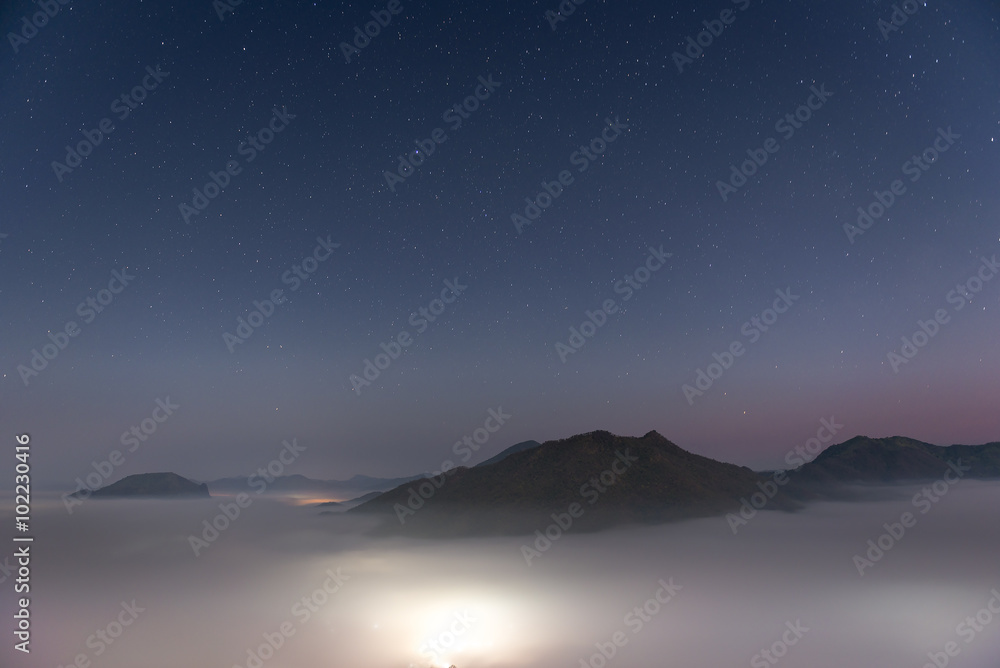 The skyline view and sunrise at mountain with lot of fog at Phu The skyline view and sunrise at mountain with lot of fog at Phu