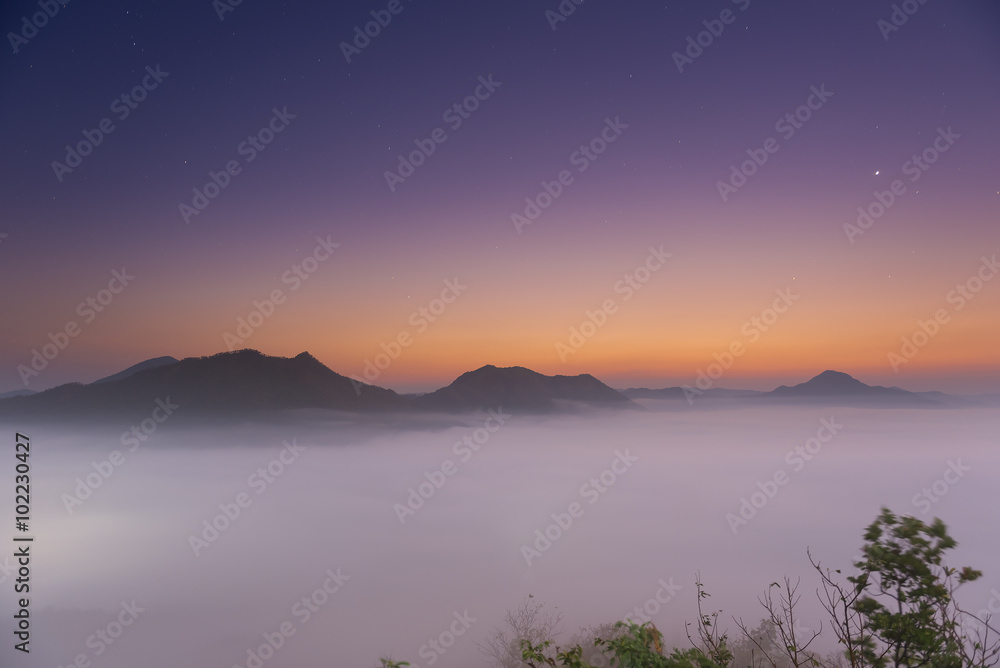 The skyline view and sunrise at mountain with lot of fog at Phu