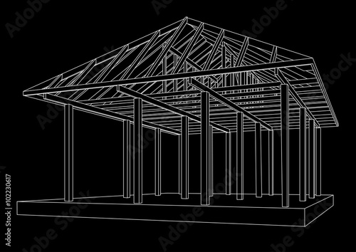 Linear architectural sketch wood frame perspective on black background