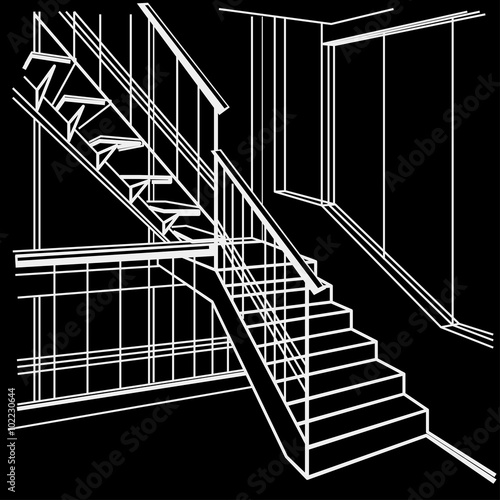 linear architectural sketch interior stairs on black background