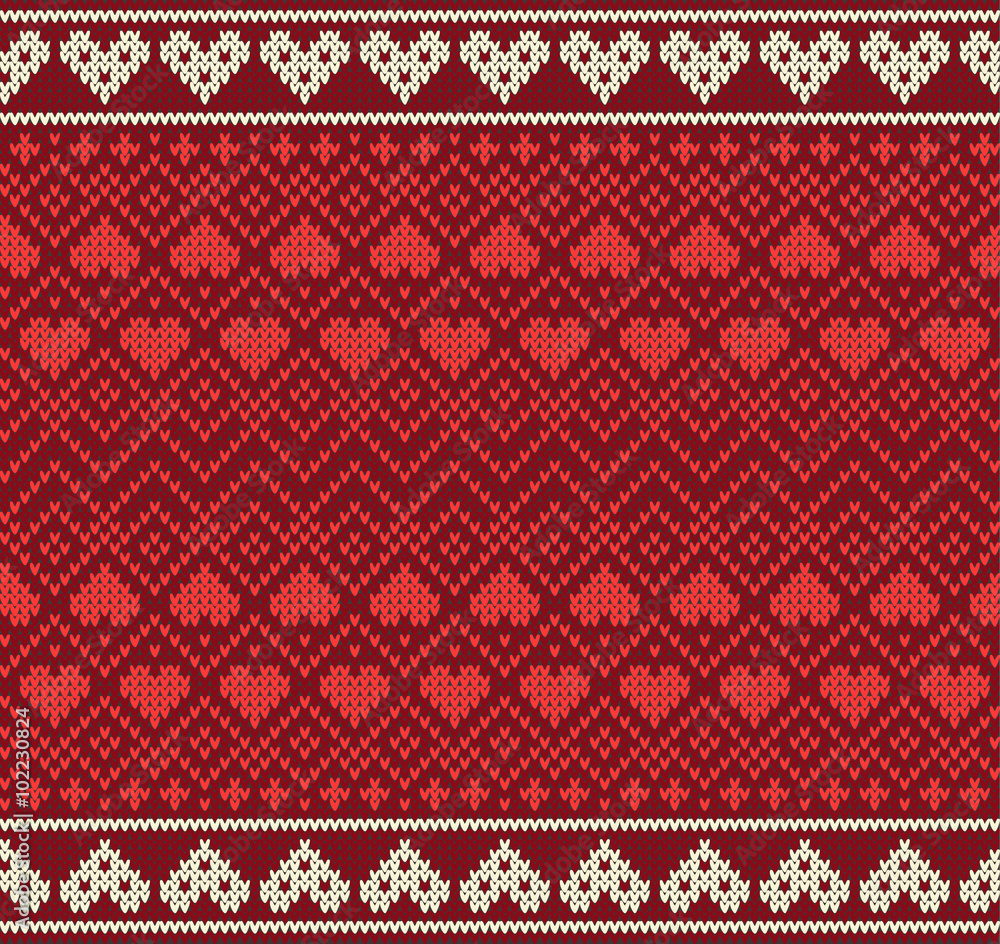 Seamless pattern on the theme of Valentine's Day with an image of the Norwegian patterns and hearts. Wool knitted texture Seamless pattern on the theme of Valentine's Day with an image of the Norwegian patterns and hearts. Wool knitted texture