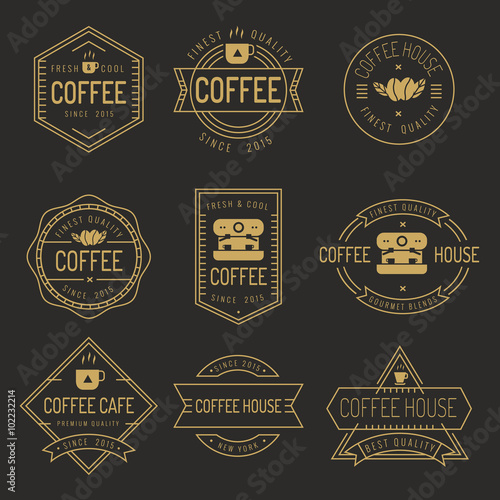Set of thin line coffee shop labels, banner, ribbon, logo and badges vector set.