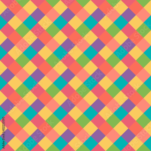 Seamless geometric pattern. Diagonal square, braiding, woven line background. Strapwork texture in warm, brigth, variegated, kitsch, festival, clown, holiday colors. Rhomb figure texture. Vector