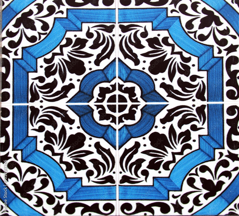 Detail of the traditional tiles from facade of old house in Valencia, Spain