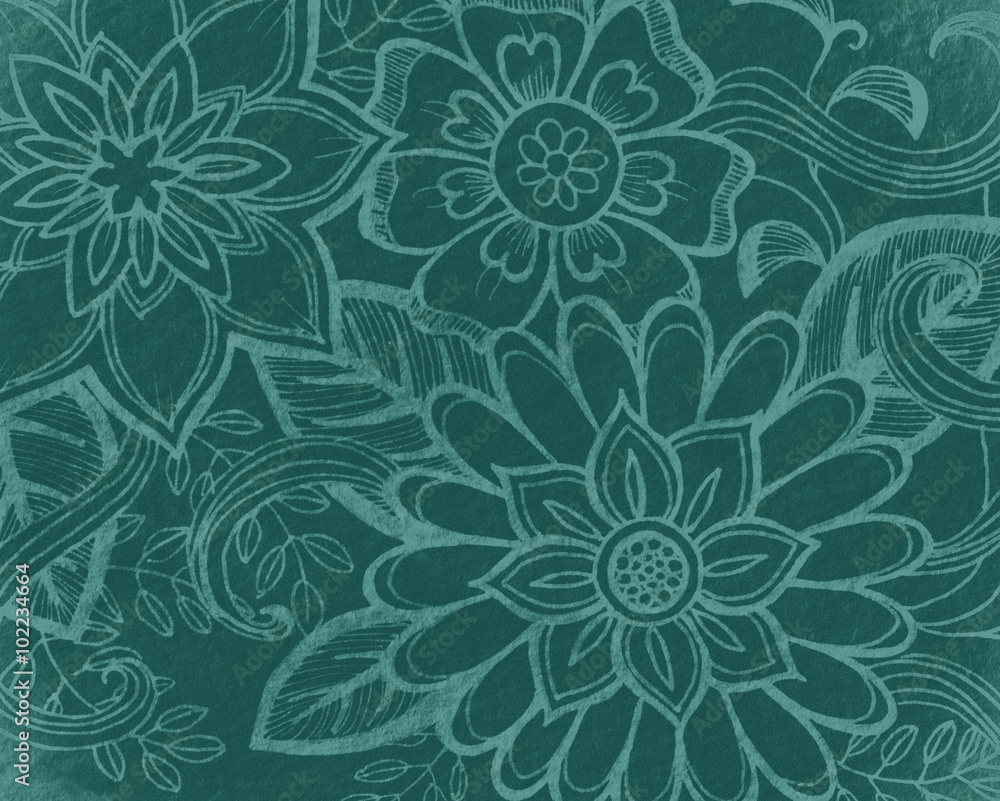 floral pattern in teal green, elegant abstract flowers hand drawn on blue green background, wedding design or website graphic art backdrop, doodled flower art