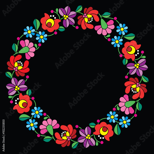 Kalocsai embroidery in circle - Hungarian floral folk pattern on black