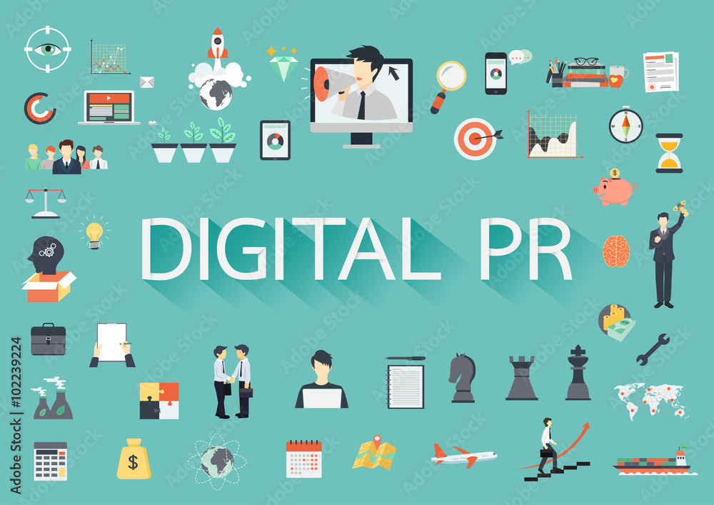 The word DIGITAL PR surrounding by concerning flat icons 