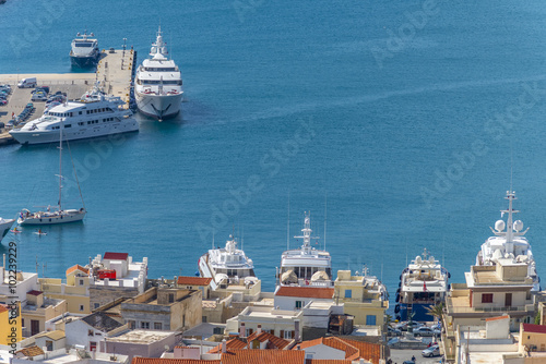 Luxurious yachts in Cyclades, Greece during summer.