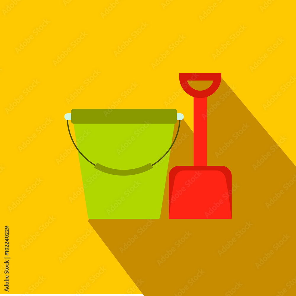 Bucket and shovel for childrens sandboxe icon Bucket and shovel for childrens sandboxe icon