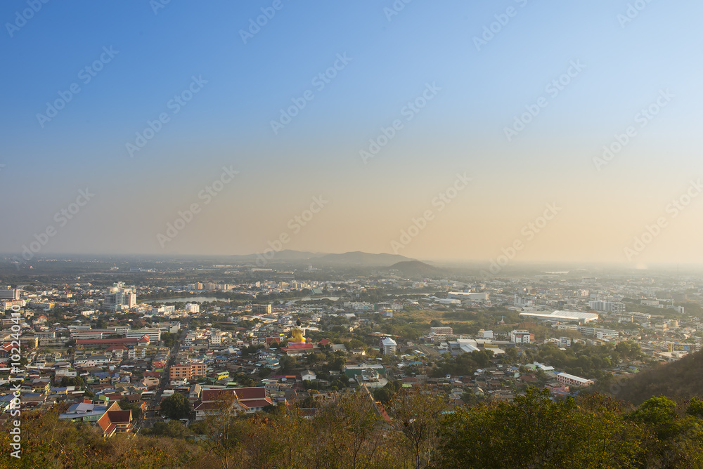 Top view of Nakhon Sawan city with big gold Buddha statue, Thail