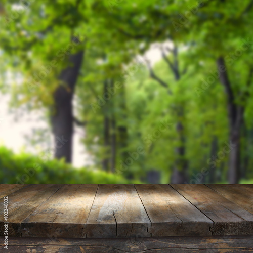 wood board table in front of spring park alley trees background. Ready for product display montages 