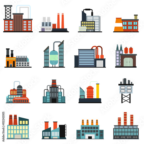 Industrial building factory flat icons