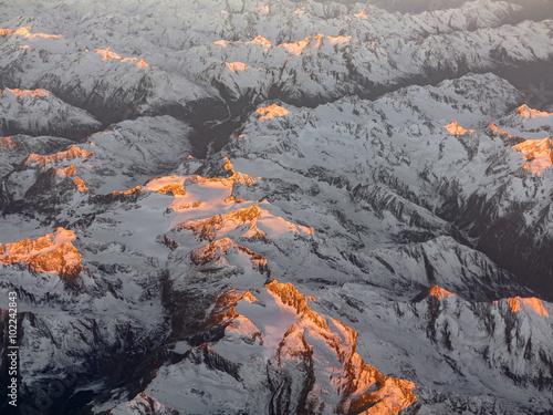 aerial of sunrise in the italian Alps