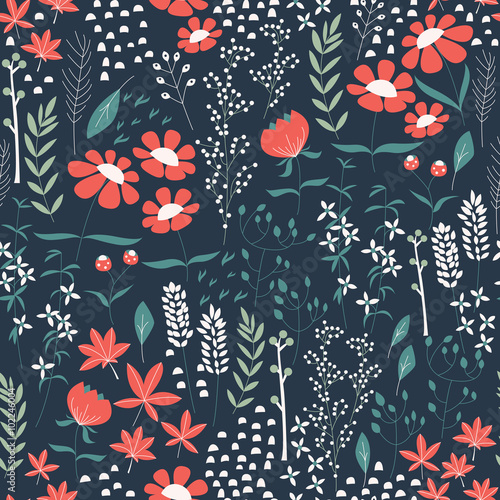 Seamless pattern design with hand drawn flowers and floral eleme