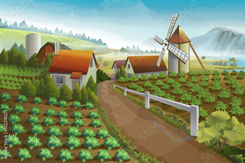 Farm rural landscape, vector background