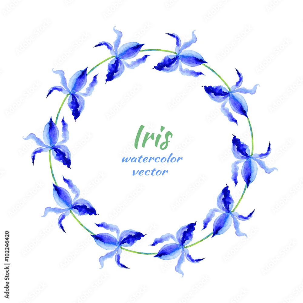 Watercolor Iris flower isolated on white background. Round frame. Vector template. Can be used for banner, cards, wedding invitations etc.