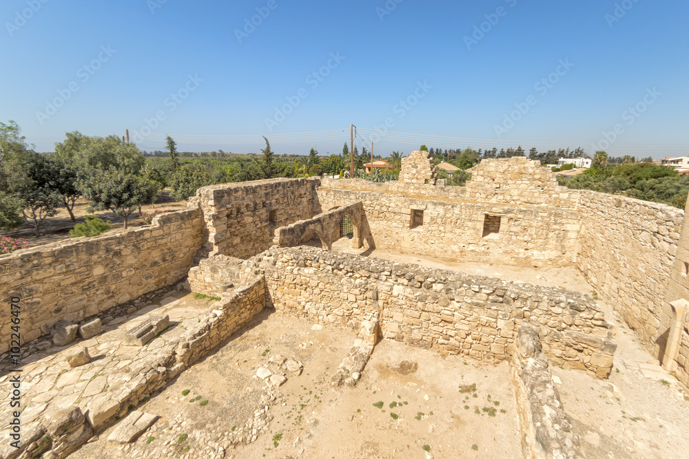 Medieval Limassol Castle ruins fisheye top view. Cyprus.
