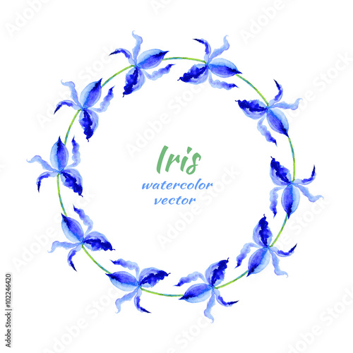 Watercolor Iris flower isolated on white background. Round frame. Vector template. Can be used for banner  cards  wedding invitations etc.