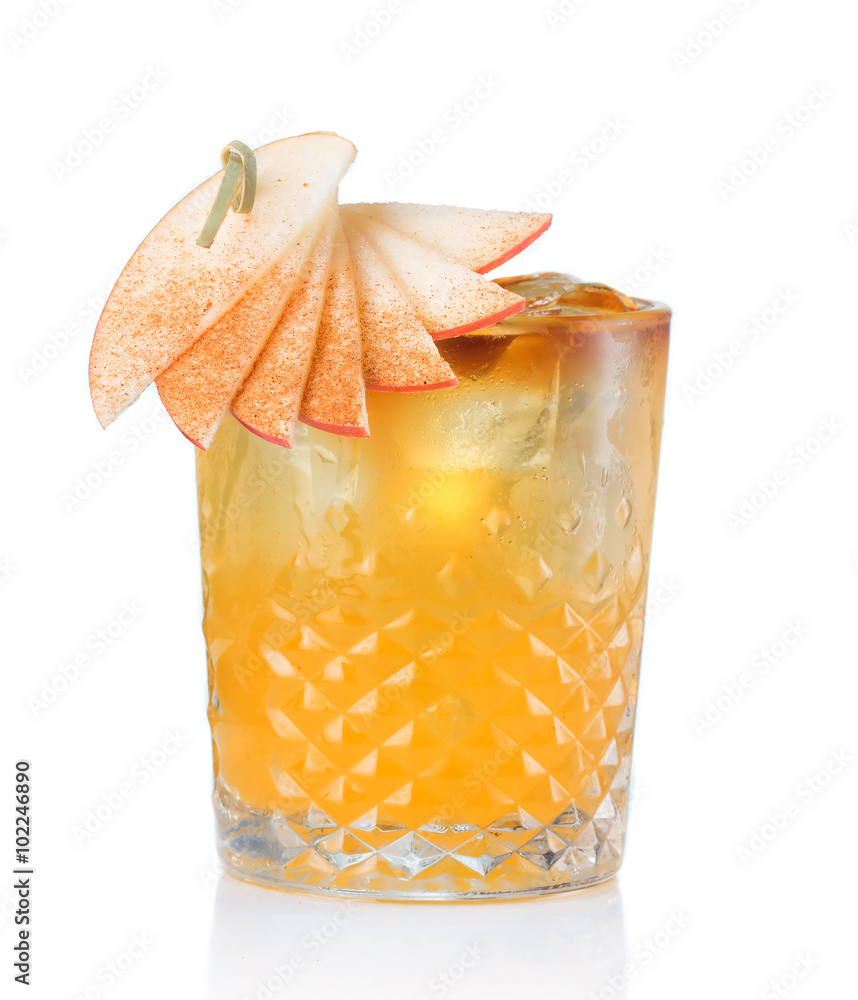Fruit alcohol cocktail with apple and cinnamon stick isolated