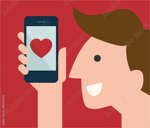  Love / online dating concept - Illustration of a cheerful man checking his smart phone.