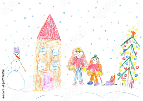 Children playing in winter, sleigh ride