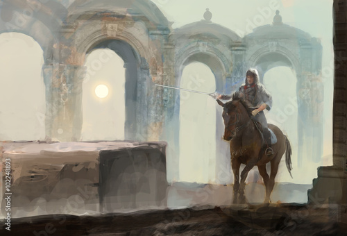 lonely horseman in ruin castle 
