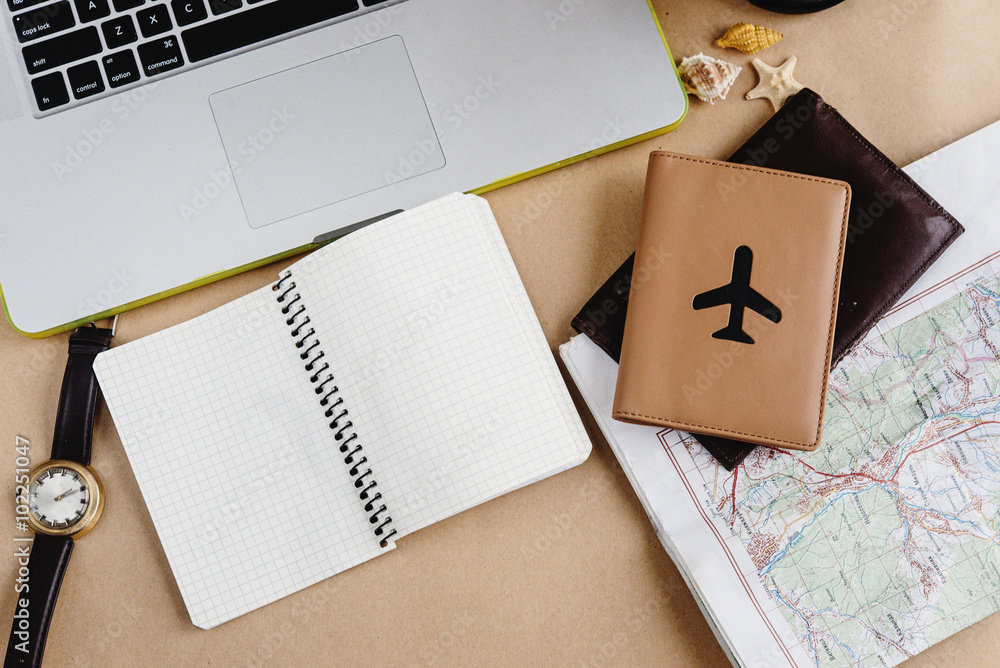 time to plan travel concept, stylish notebook map watch and pass time to plan travel concept, stylish notebook map watch and pass