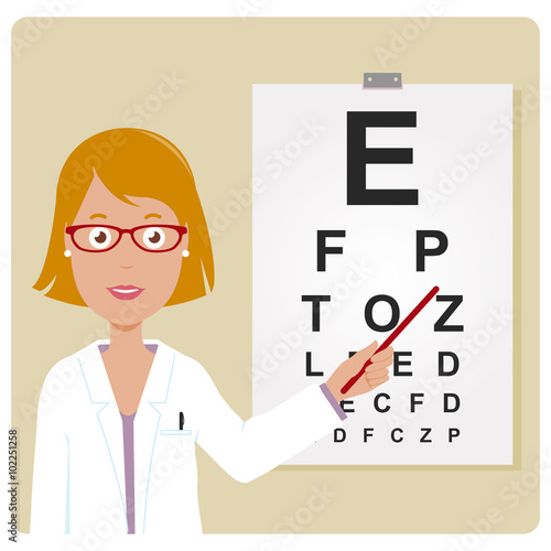 Ophthalmologist examining a patient using the eye chart. Vector illustration