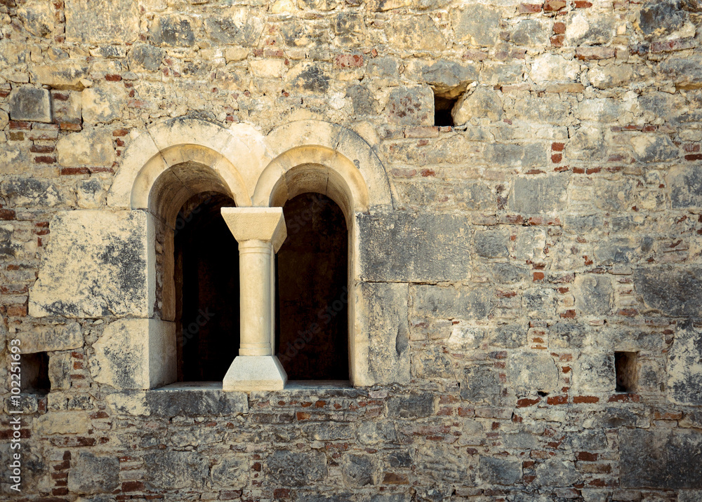 Double lancet window in a medieval style.