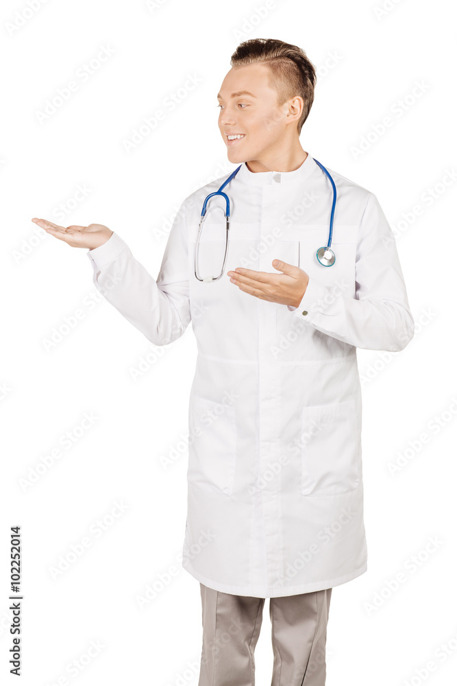Medical doctor in white coat with stethoscope holding something Medical doctor in white coat with stethoscope holding something