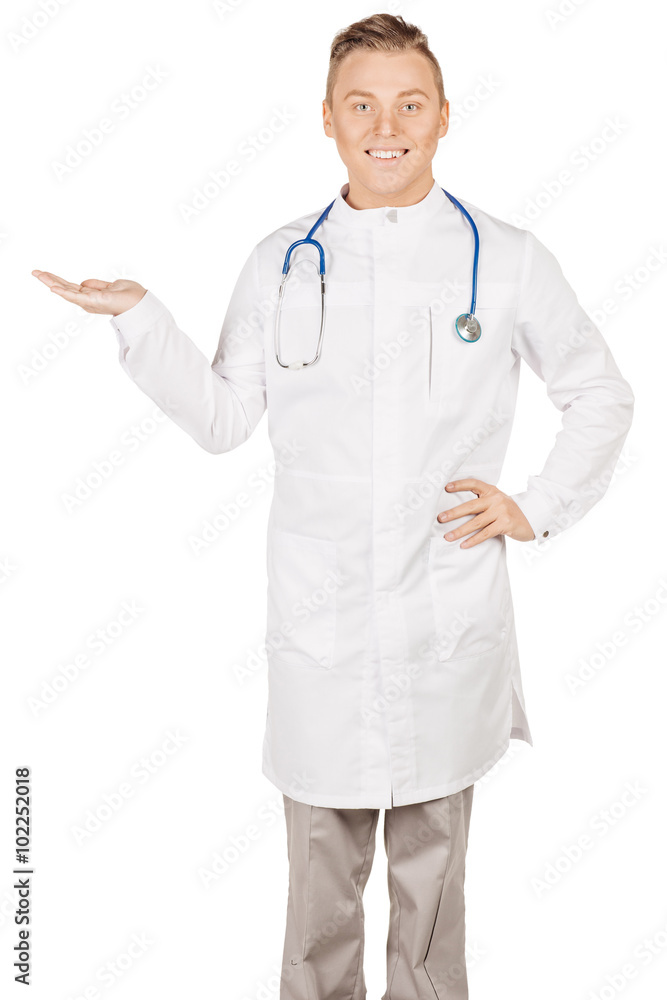 Medical doctor in white coat with stethoscope holding something Medical doctor in white coat with stethoscope holding something